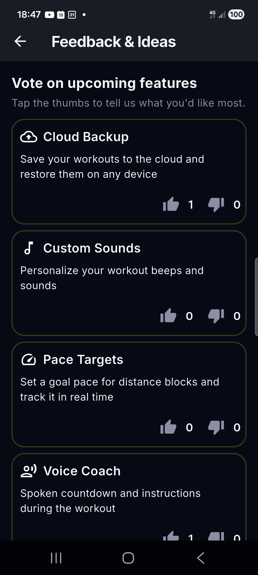 Feedback & Ideas screen with feature votes