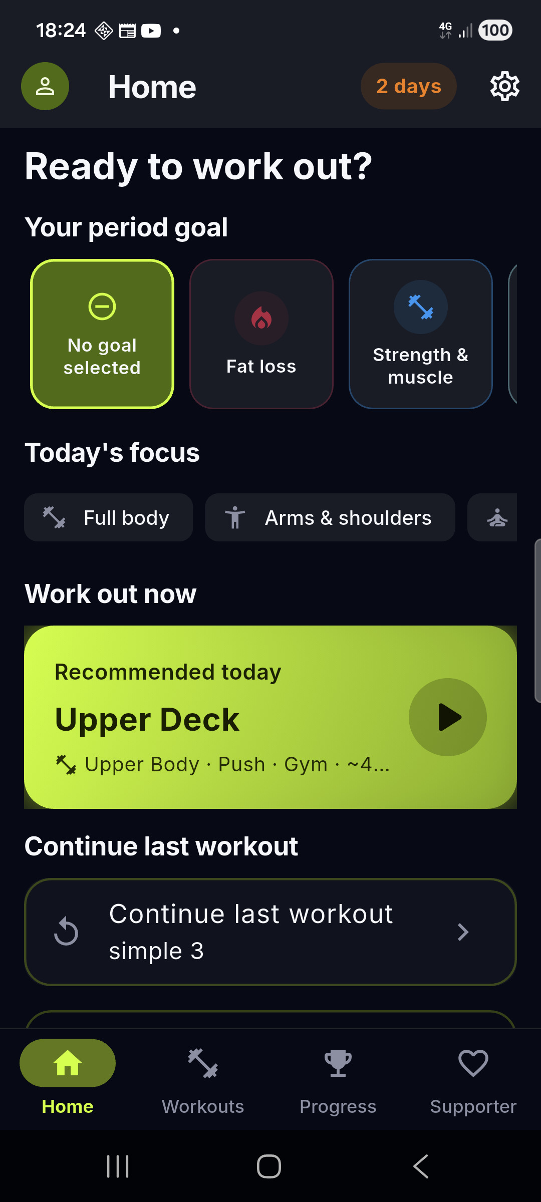 Home screen with goals, focus and quick actions