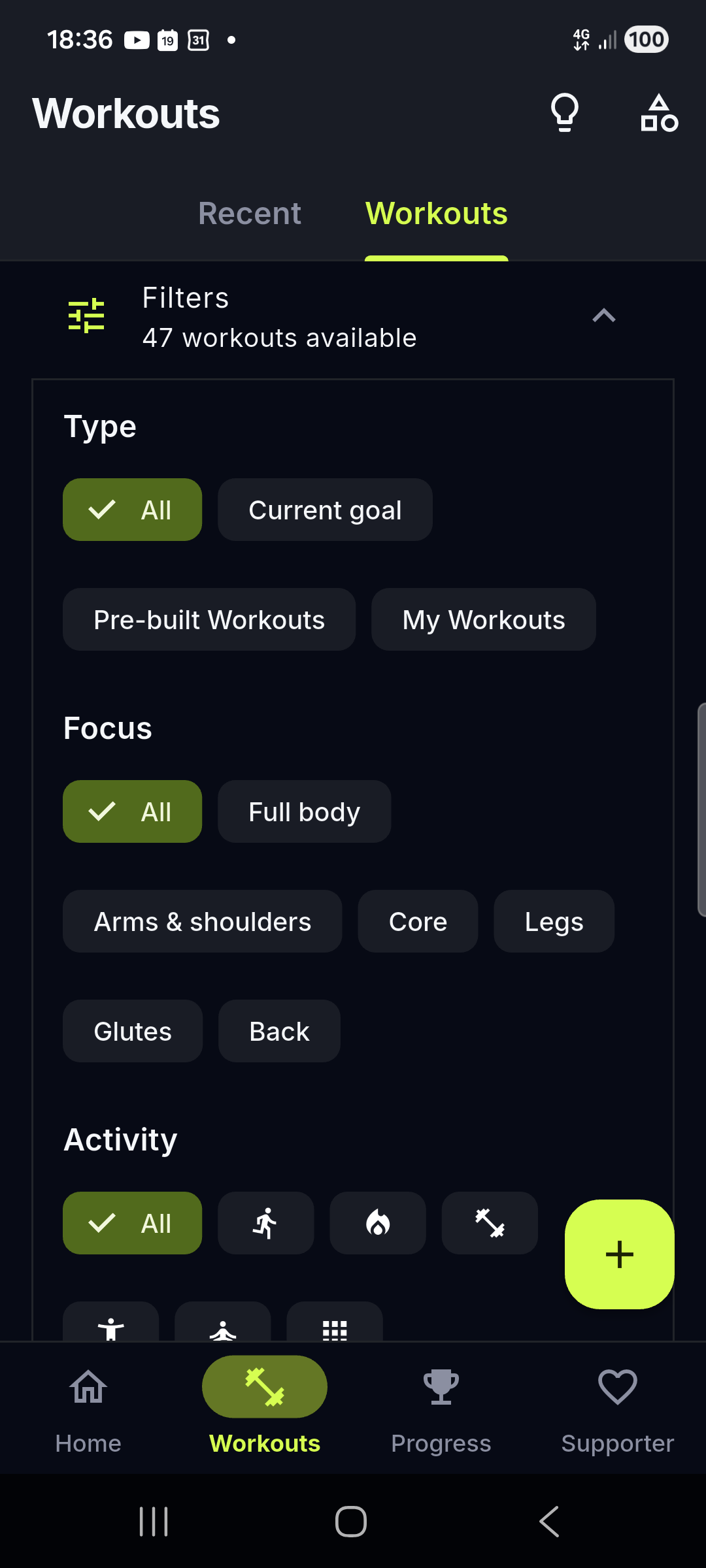 Library with Recent/Workouts tabs and the filters panel