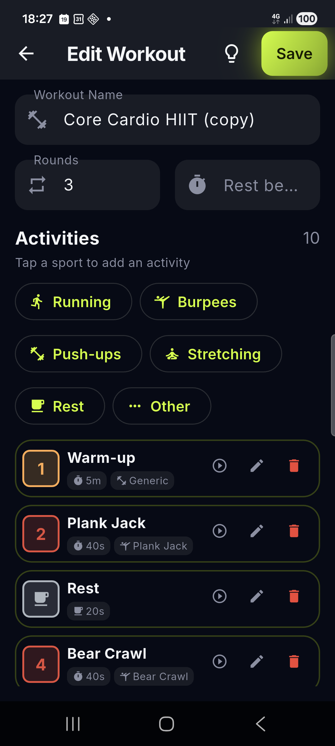 Workout Editor – creating a custom workout
