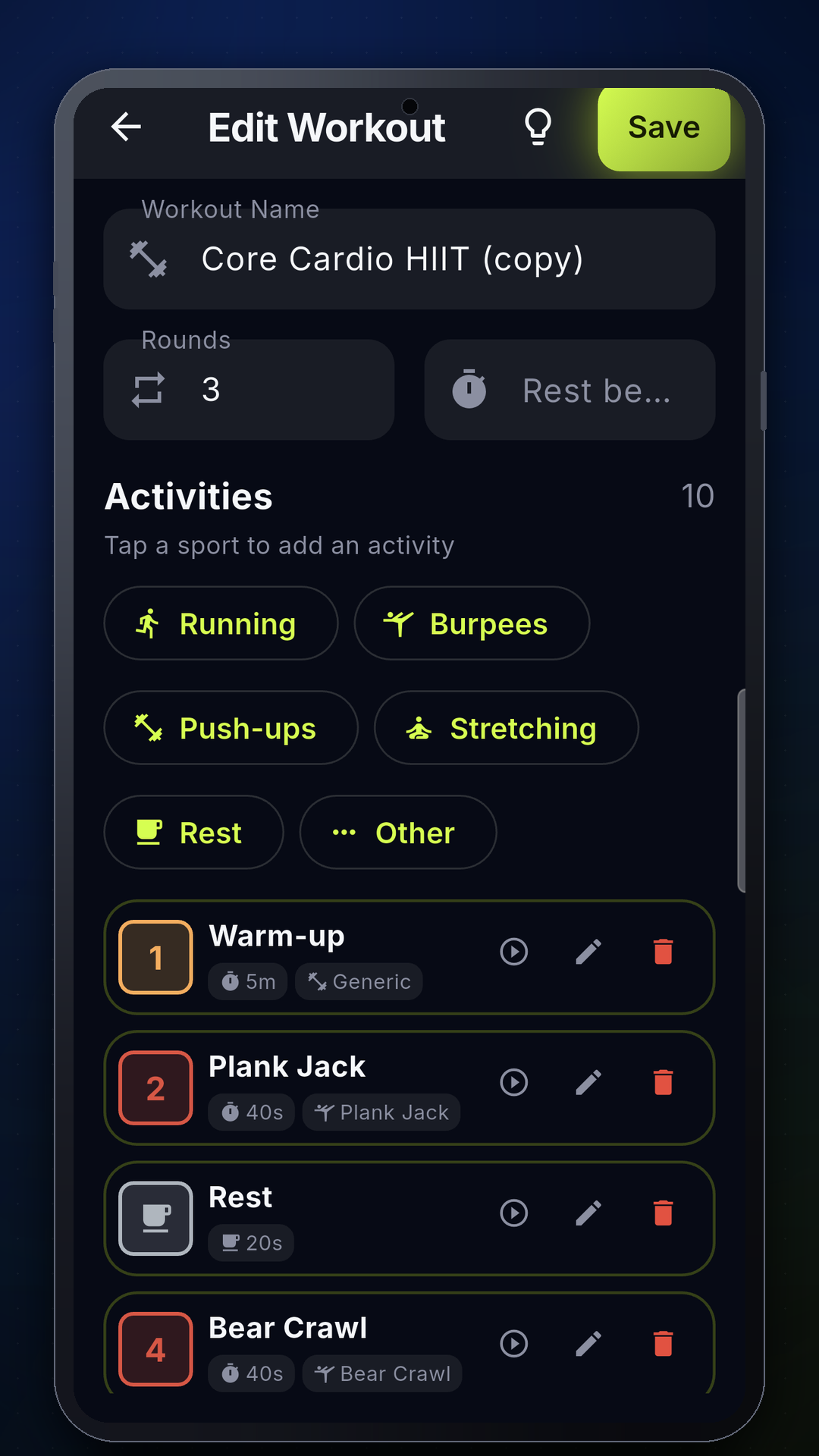 Workout editor with drag-and-drop blocks