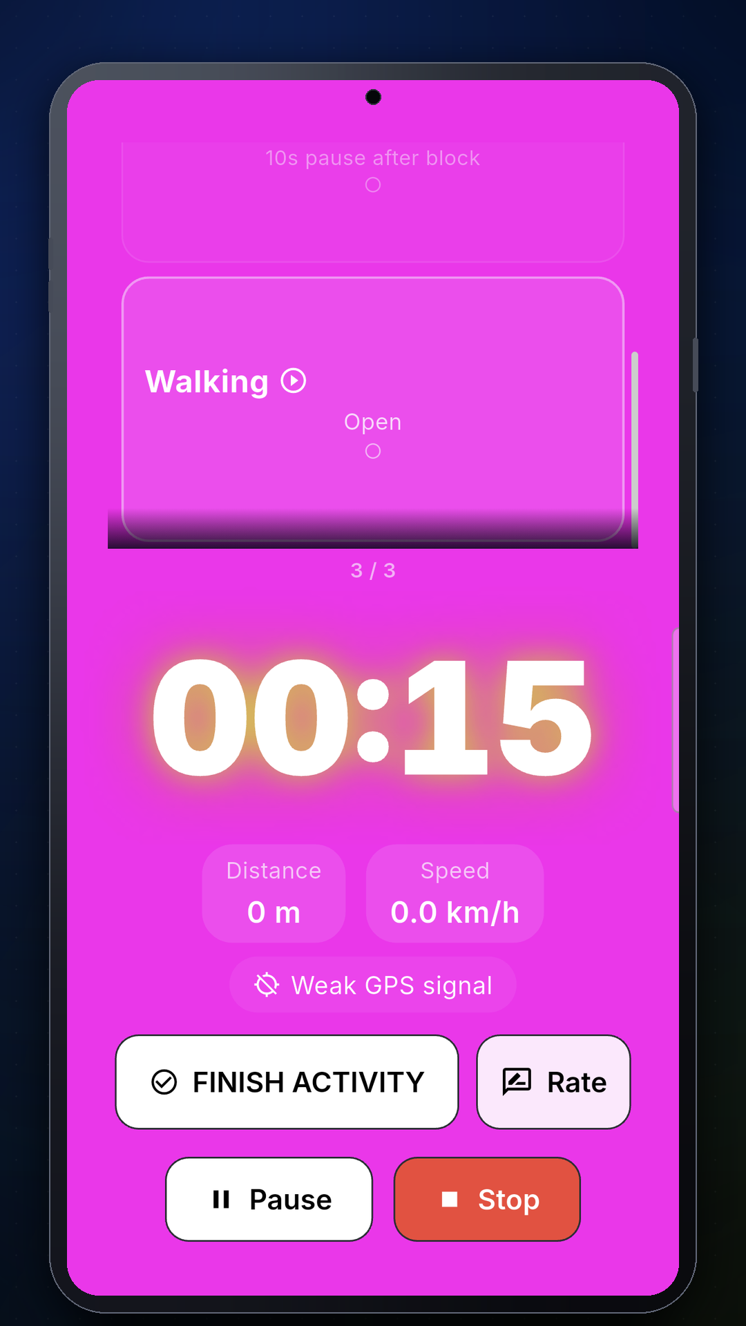 Per-interval GPS distance and pace tracking