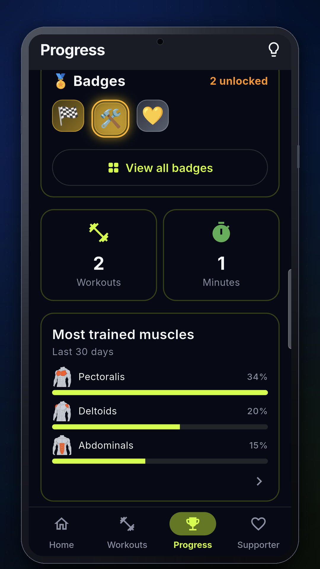 Progress screen with streaks, badges and muscle distribution