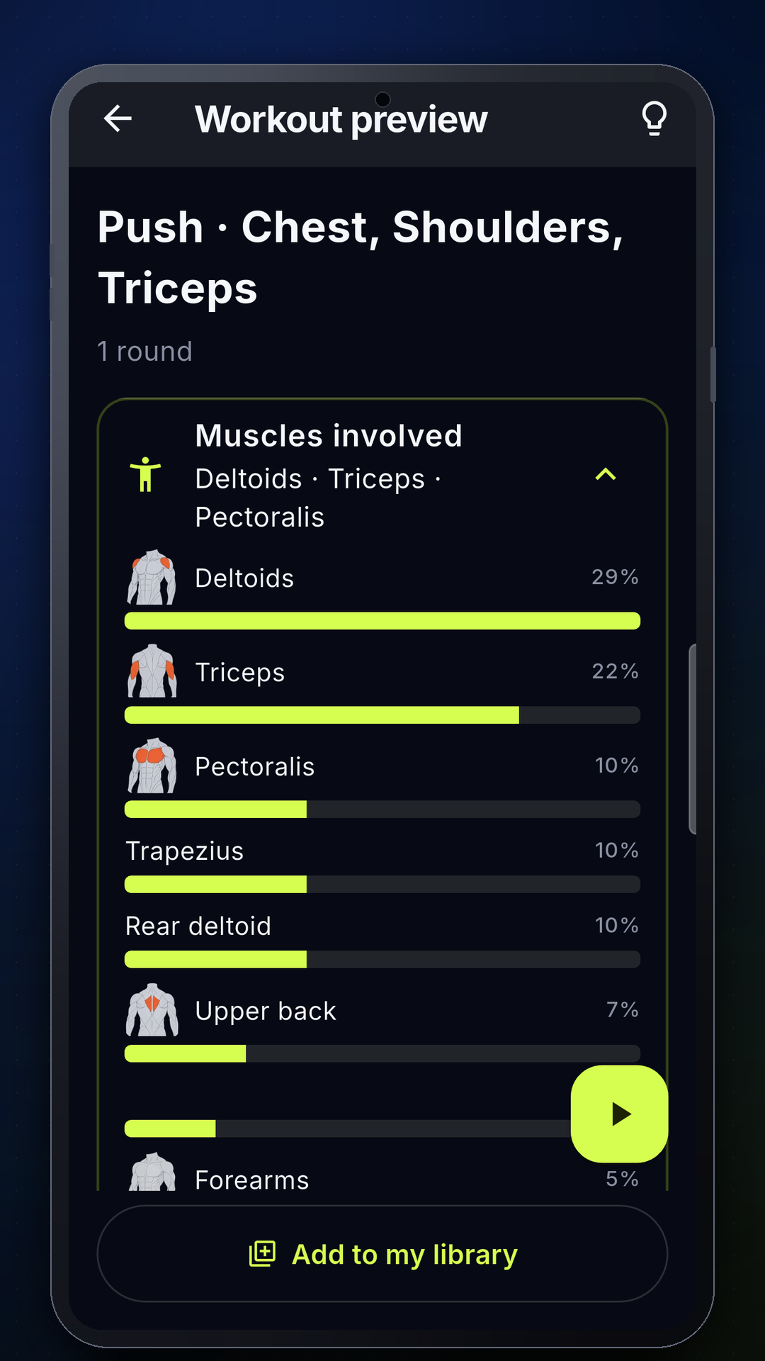 Workout preview showing the muscles involved
