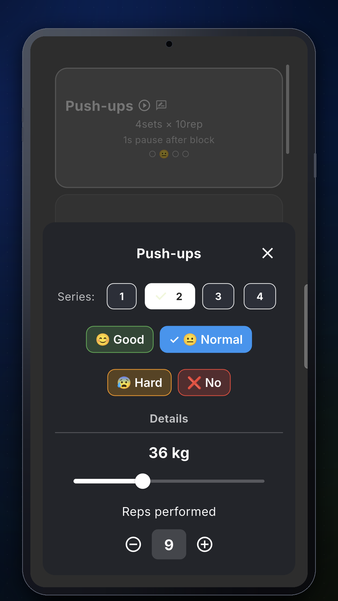 Completed workout summary with weight and reps